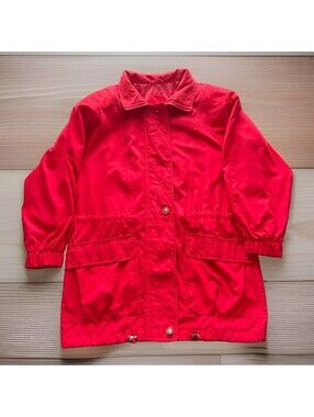 Vintage London Fog Red Rain Jacket Coat XS Drawstring Utility Padded Shoulders